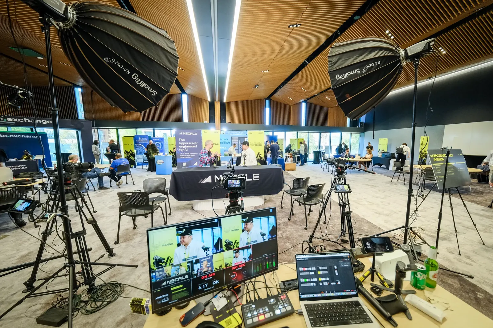 On-site interview studio with cameras, lighting, microphones and switching monitor